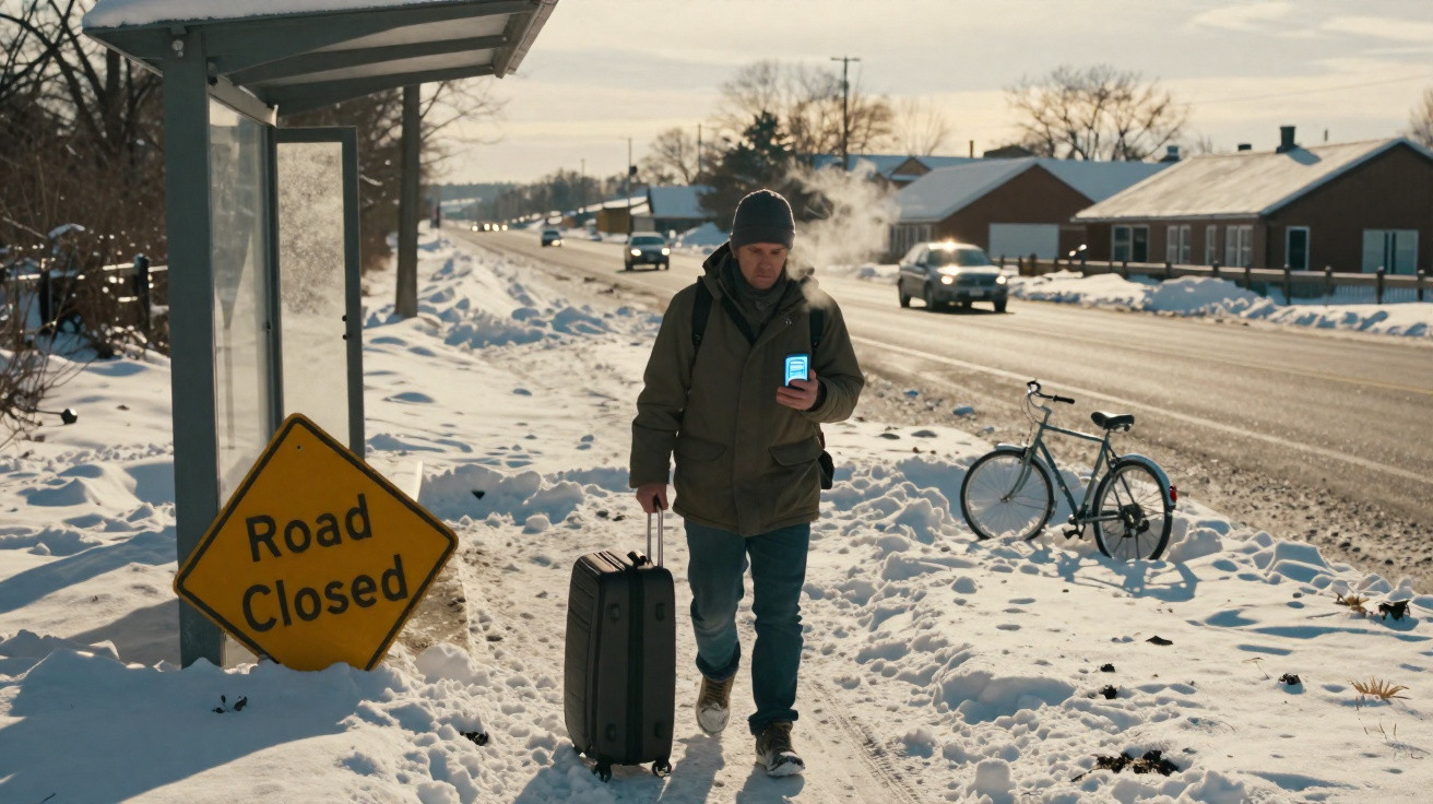 Homem com casaco e gorro caminha na neve com mala e celular ao lado de placa de "Road Closed".