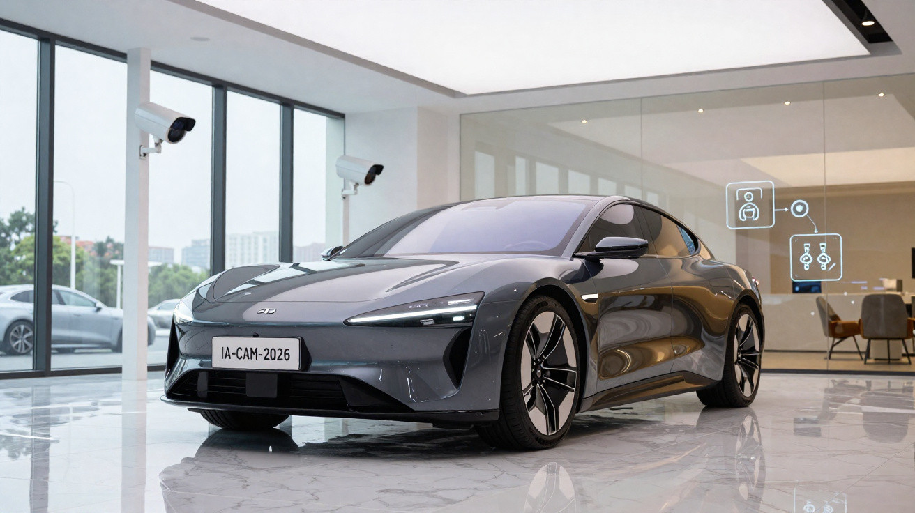 Carro elétrico cinza escuro exibido em showroom moderno com piso de mármore e câmeras de segurança.