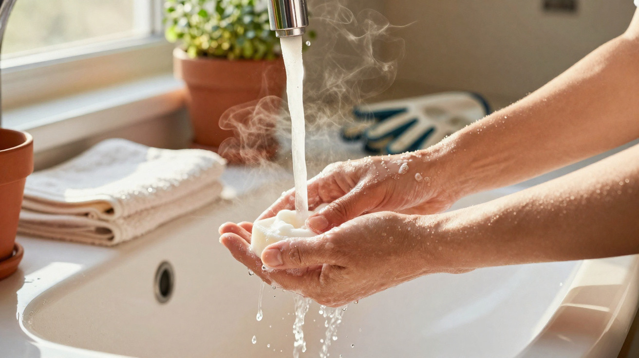 Mãos segurando sabonete sob água quente corrente em uma pia branca com vapor visível.