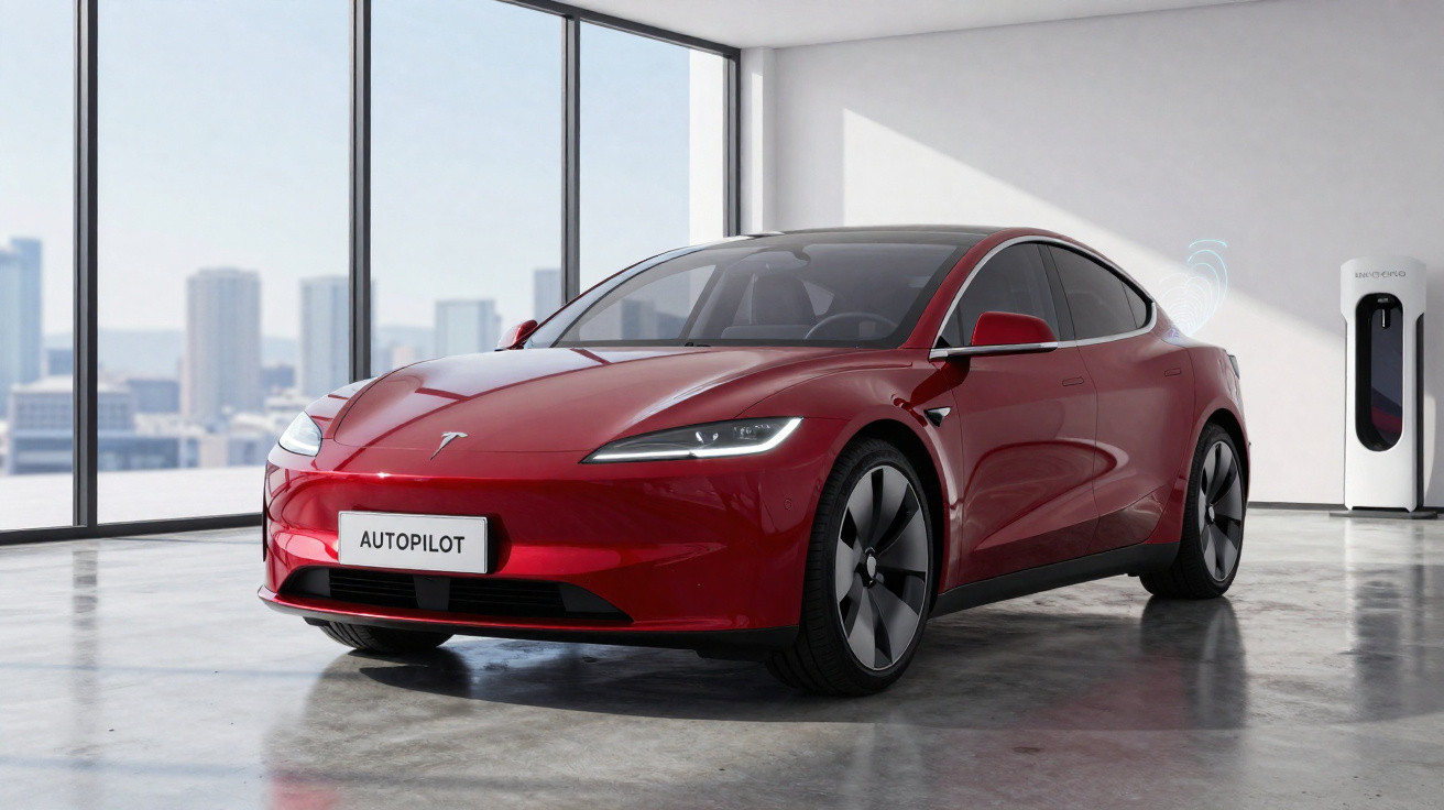 Carro elétrico vermelho Tesla estacionado em garagem moderna com estação de recarga ao fundo.