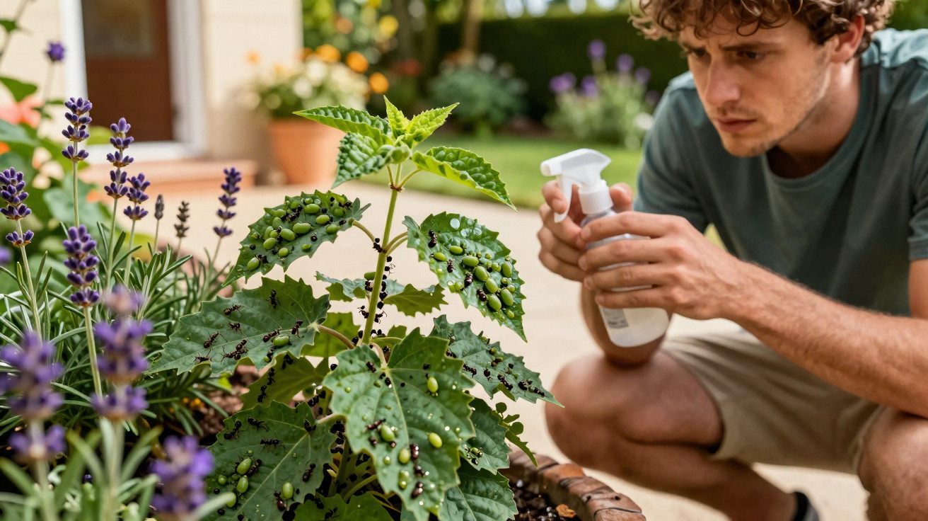 Homem com pulverizador observa plantas infestadas por pulgões em vaso em jardim residencial.