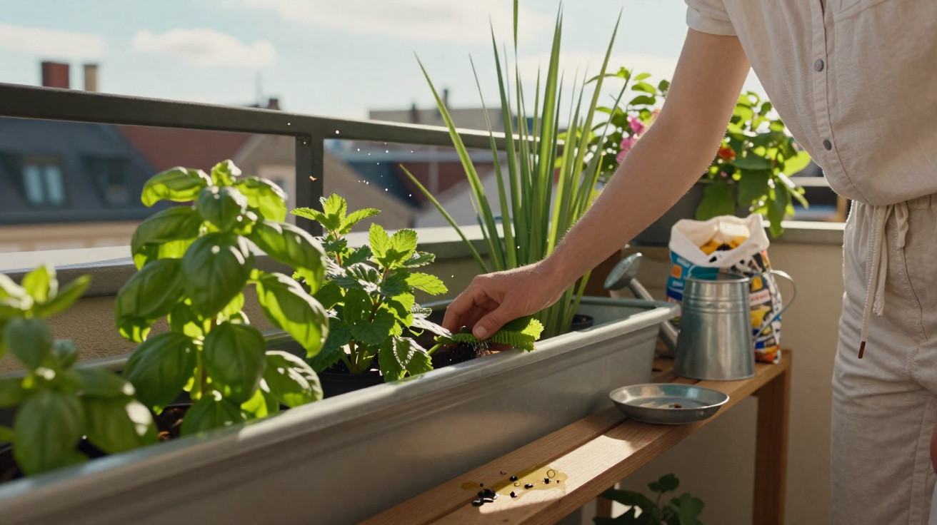 Pessoa cuidando de plantas em vaso longo na varanda ensolarada de apartamento.