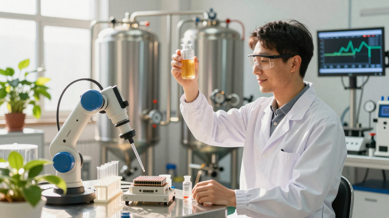 Cientista em laboratório com jaleco segurando frasco com líquido amarelo e máquina robótica ao lado.