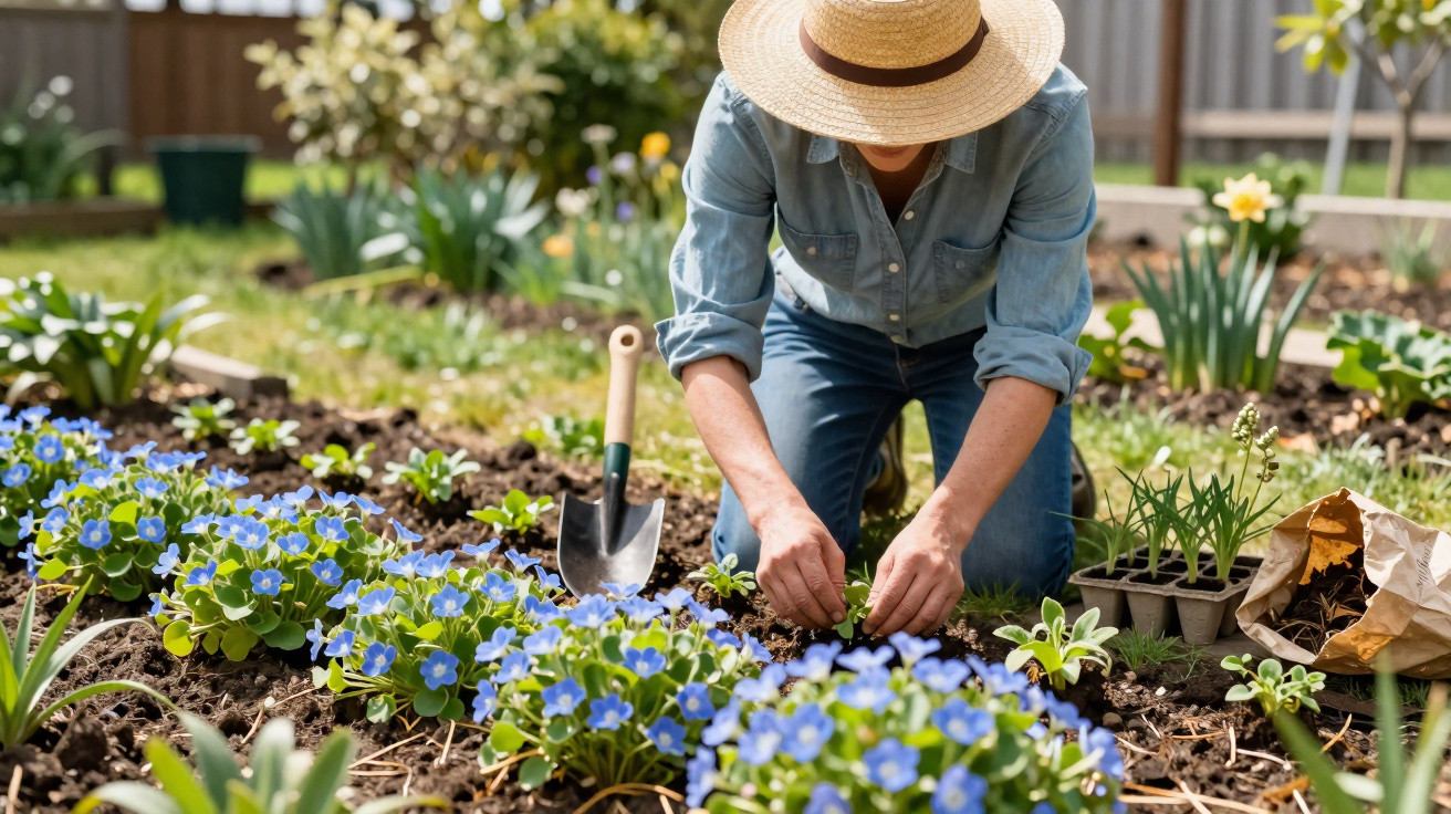 Pessoa de chapéu cuidando de flores azuis em um jardim durante o dia.