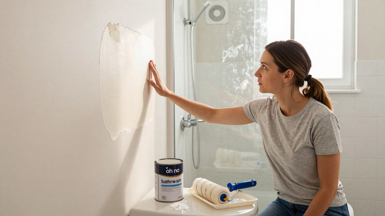Mulher observando tinta em parede enquanto realiza pintura de banheiro com rolo.
