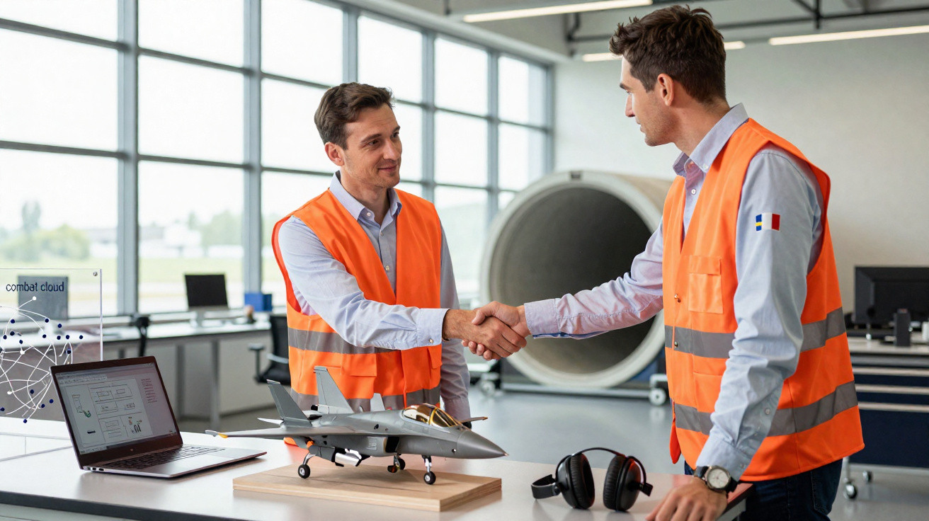 Dois homens com coletes laranja apertam as mãos em hangar com modelo de avião e laptop na mesa.