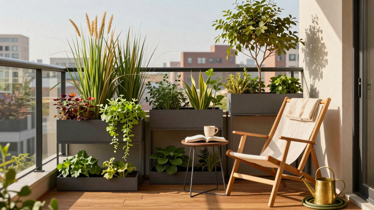 Varanda com plantas em vasos, cadeira de madeira e mesa pequena com livro e xícara.