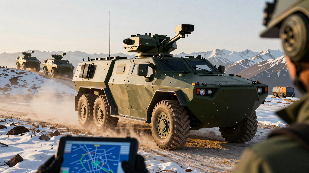 Veículo blindado militar em terreno montanhoso com neve, pessoa segurando tablet com mapa digital.