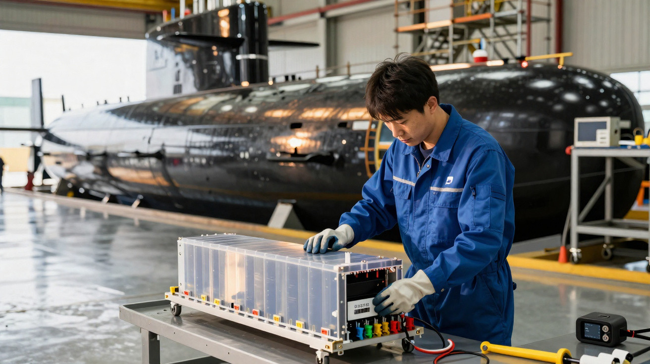 Técnico em macacão azul trabalhando em equipamento eletrônico com submarino preto ao fundo em oficina.