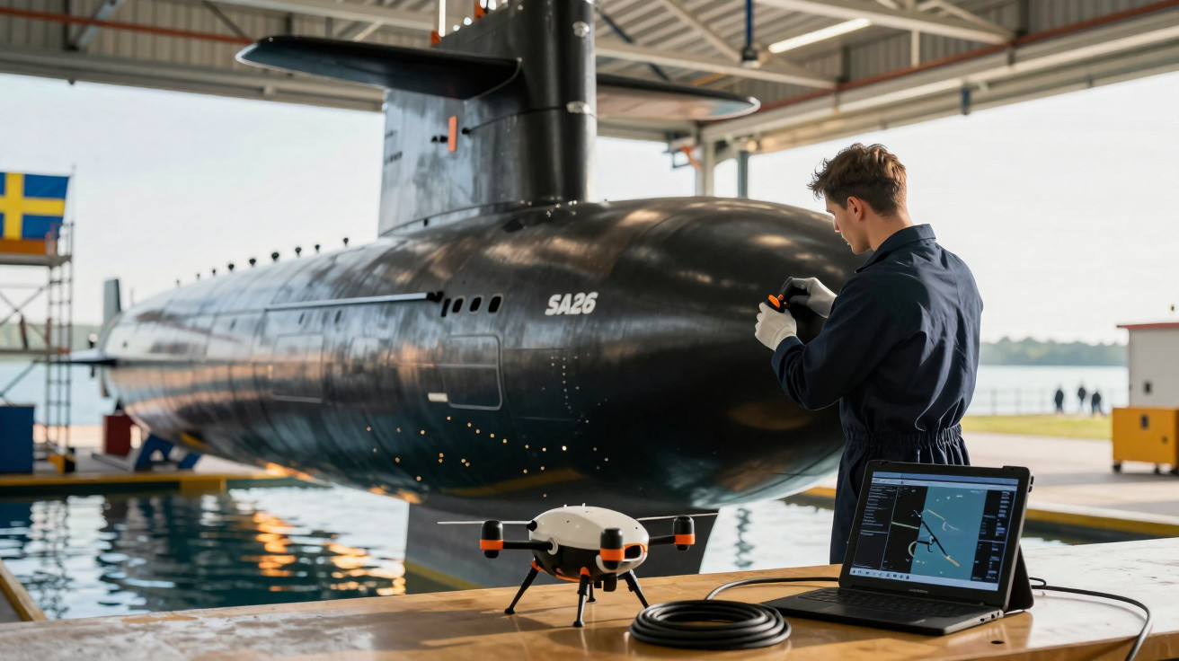 Tecnico operando drone aquático perto de submarino preto em doca, com laptop na mesa.