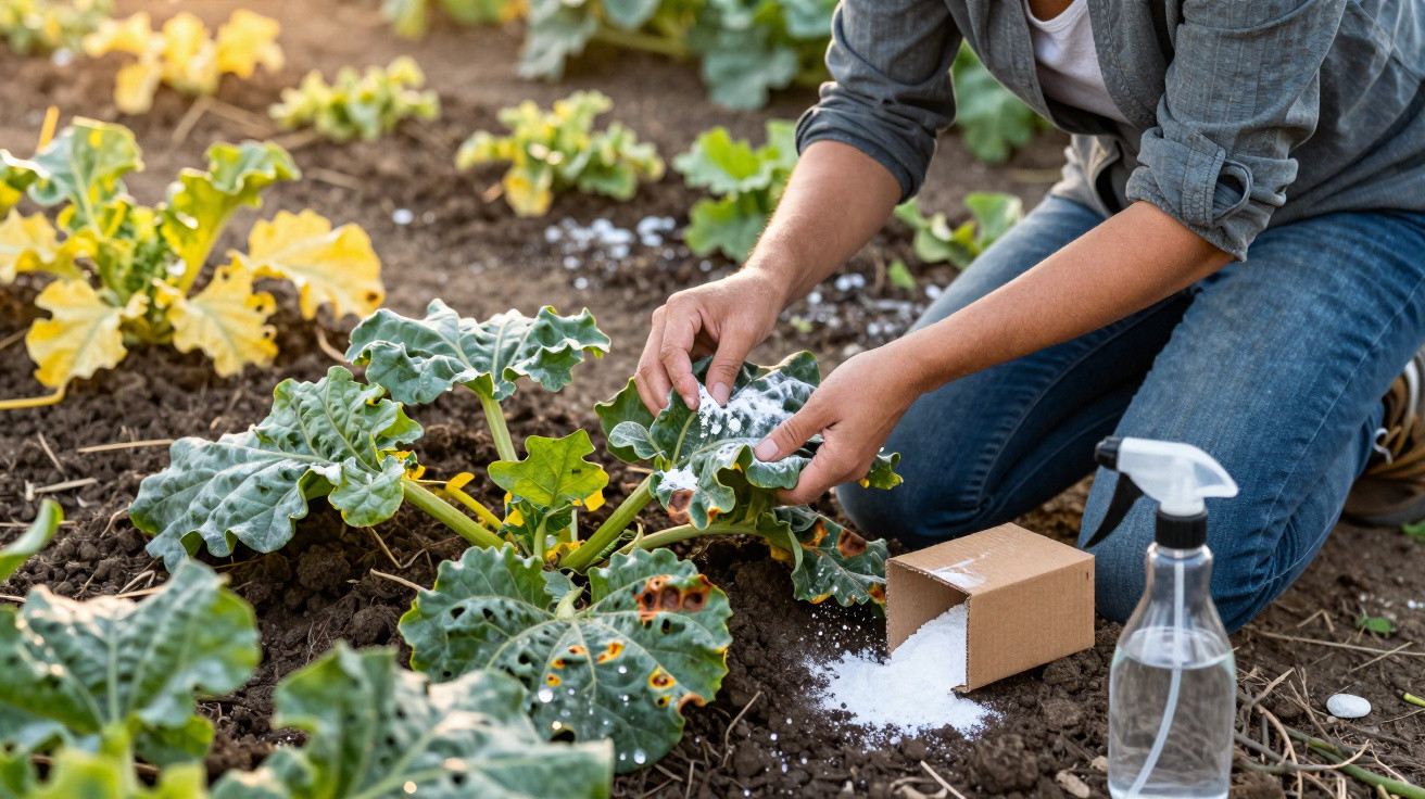 Pessoa aplicando tratamento com pó branco em planta de horta para controlar pragas nas folhas.