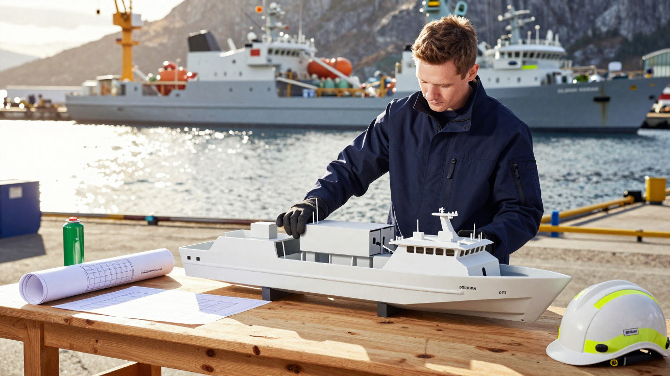Homem analisando modelo de navio em miniatura sobre mesa em porto com navios ao fundo.