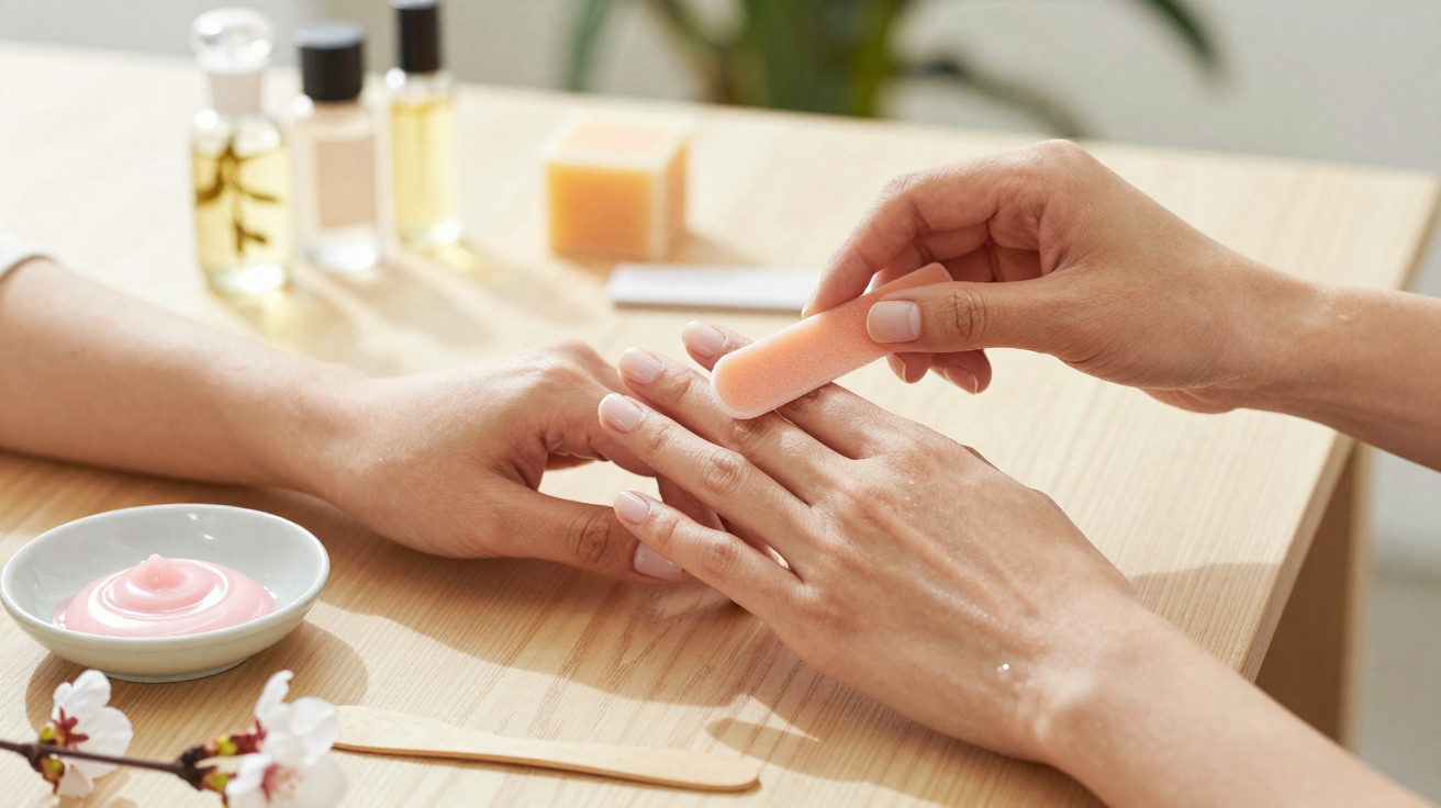 Pessoa cuidando das unhas de outra pessoa com lixa, esmaltes e creme sobre mesa de madeira clara.