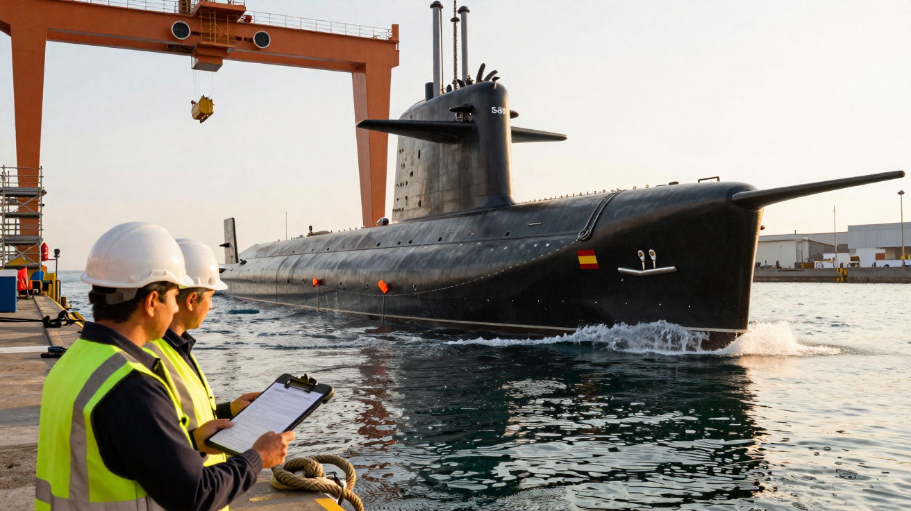 Dois trabalhadores com coletes e capacetes observam submarino preto atracado em porto industrial ao entardecer.