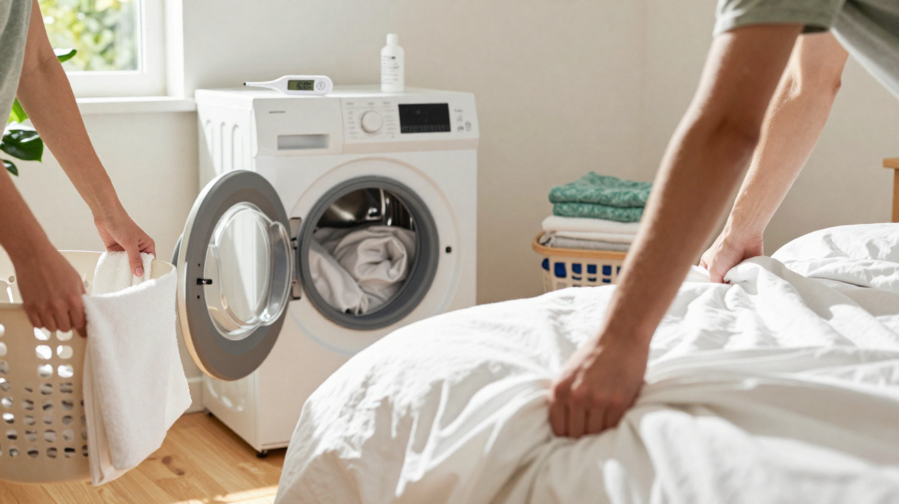 Duas pessoas carregando roupa para lavar e arrumando a cama em ambiente iluminado e organizado.