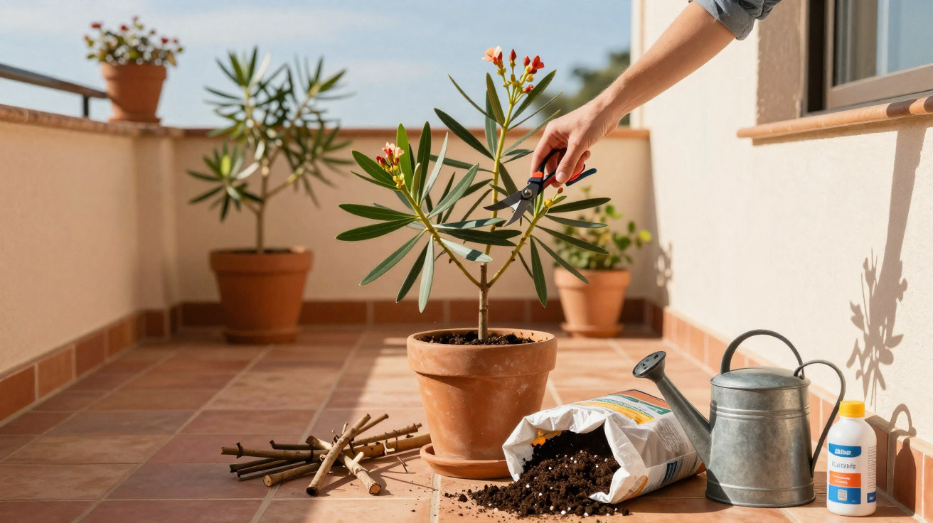 Pessoa podando planta em vaso de barro em varanda com regador, terra e fertilizante.