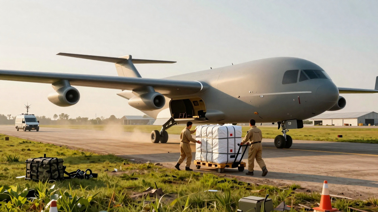 Avião de carga cinza em pista com militares transportando mercadoria em palete durante o dia.