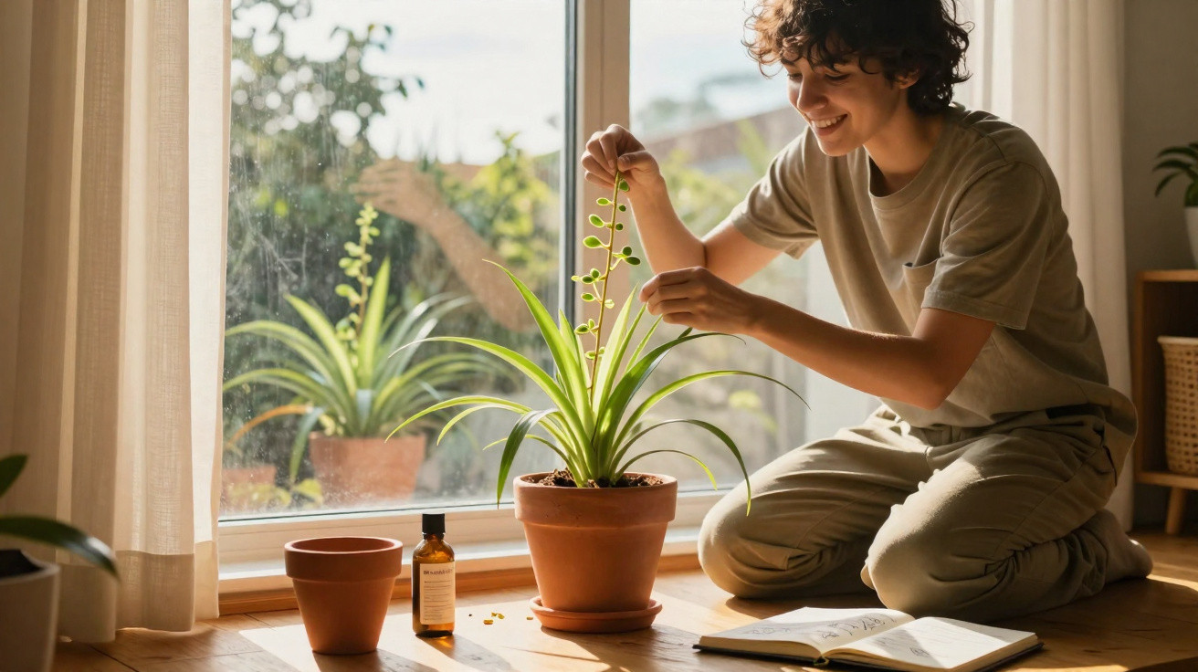 Pessoa sorrindo enquanto cuida de planta em vaso próximo à janela, com livro aberto no chão.