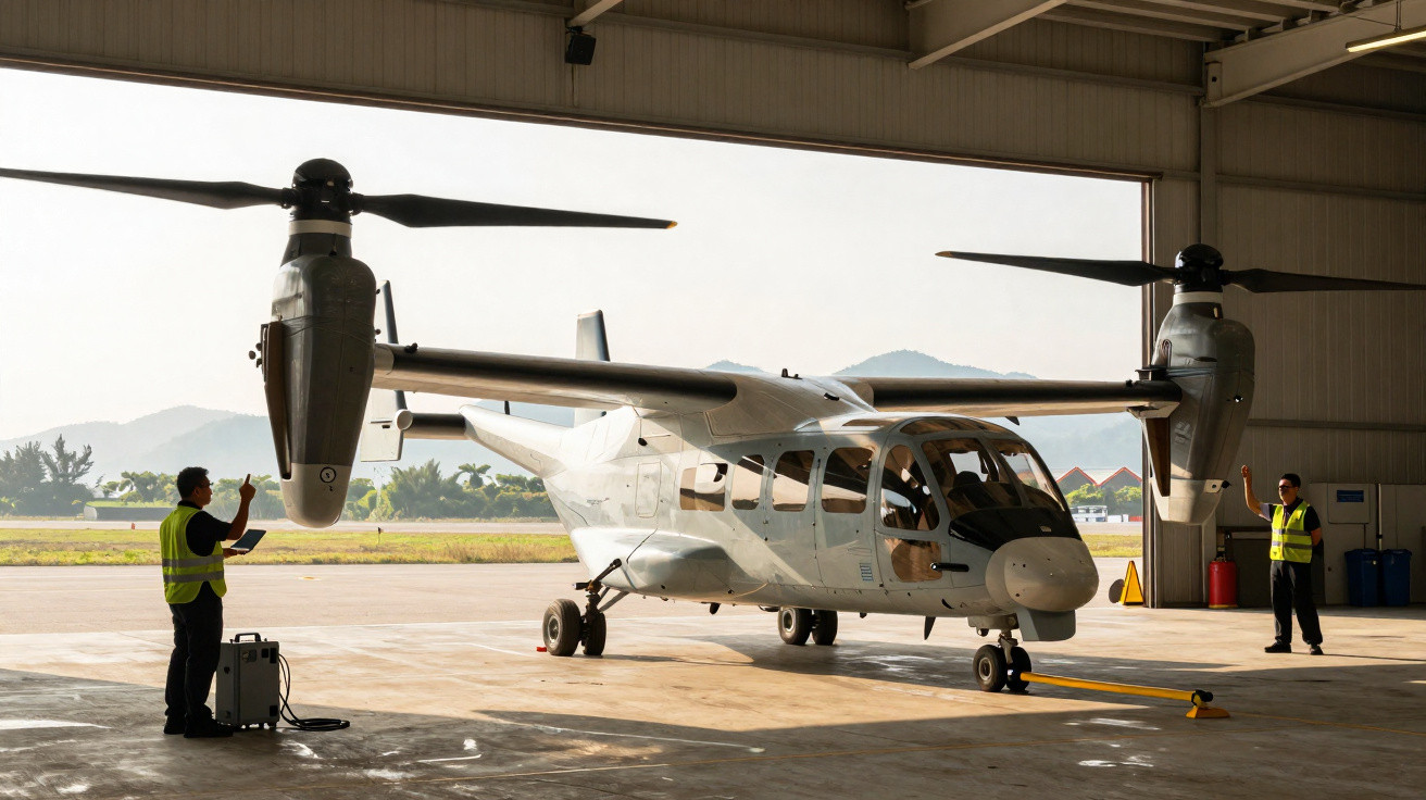 Aeronave híbrida com rotores basculantes em hangar, com duas pessoas orientando seu posicionamento.