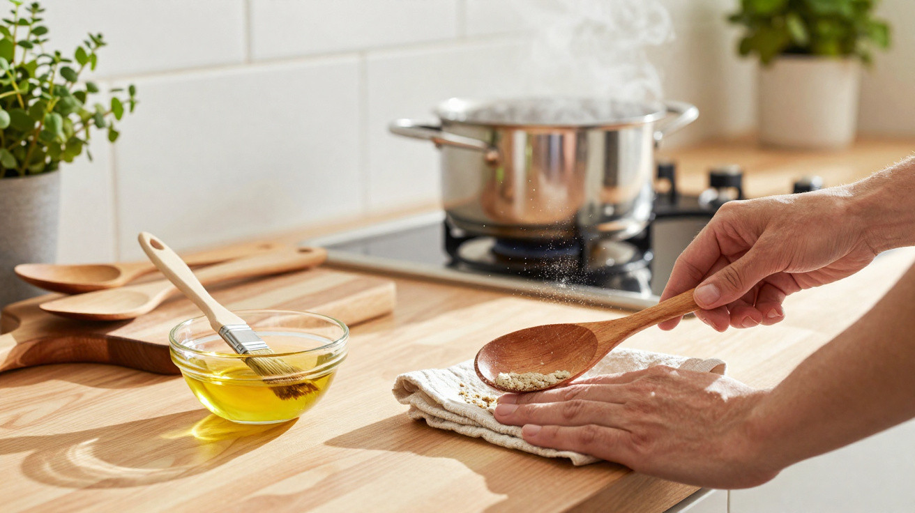 Mãos preparando tempero com colher de madeira na bancada de cozinha com panela ao fundo.