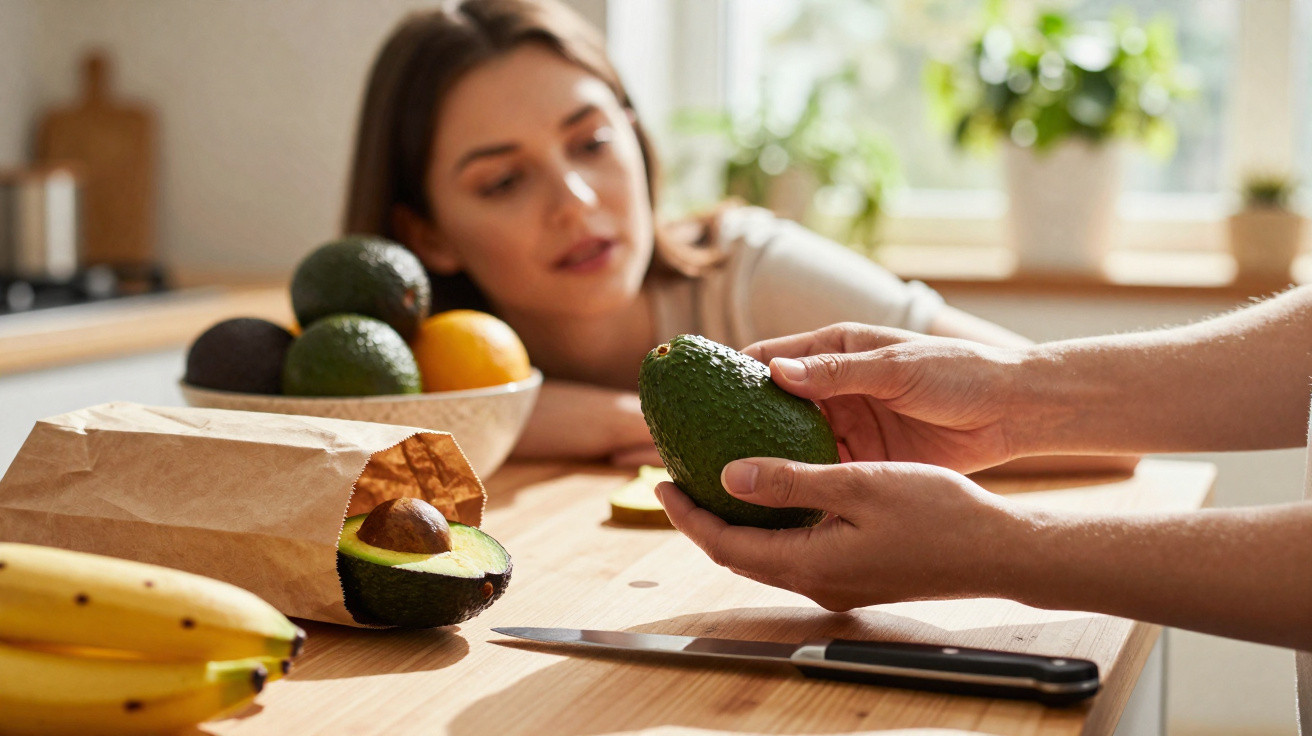Mulher observa enquanto outra pessoa segura um abacate na cozinha com frutas sobre a mesa.