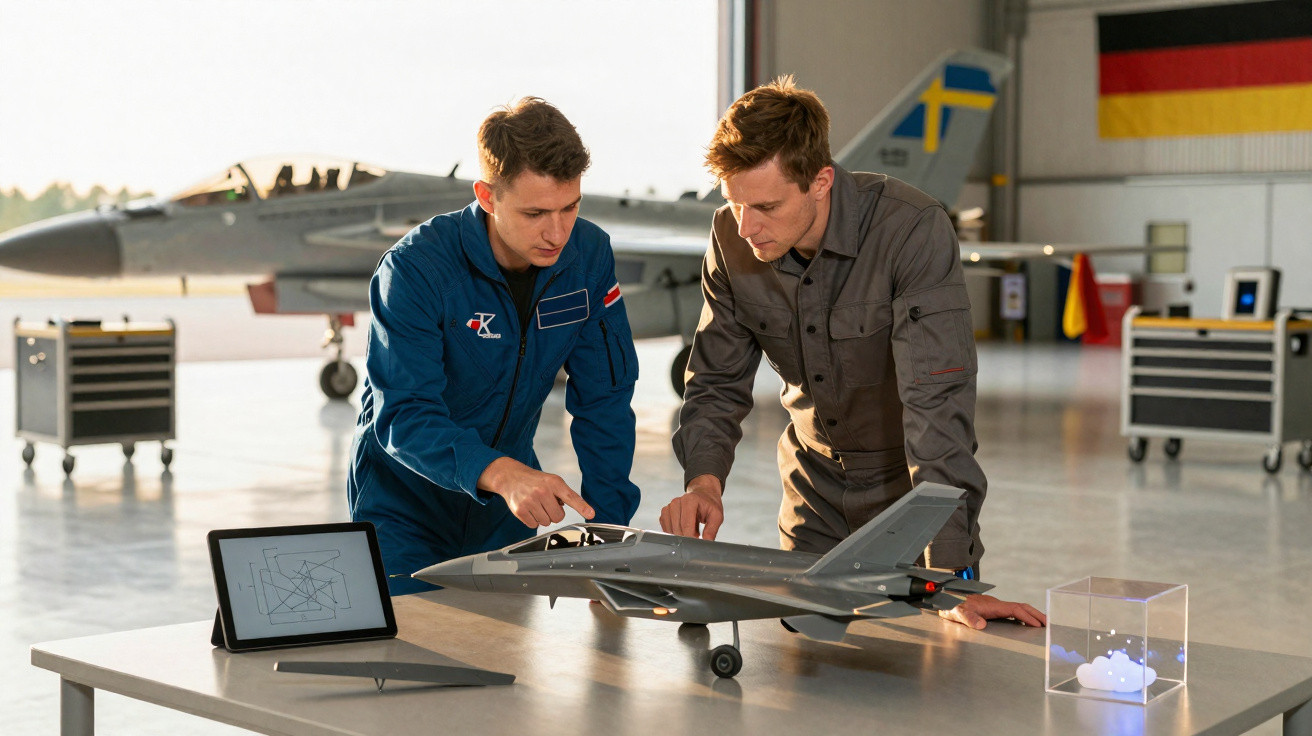 Dois homens em macacão analisam um modelo de avião em hangar com aeronave militar ao fundo.