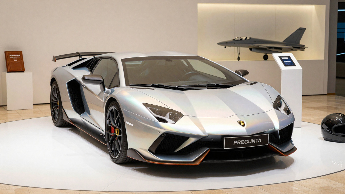Carro esportivo Lamborghini prata exibido em plataforma branca em ambiente interno de museu.