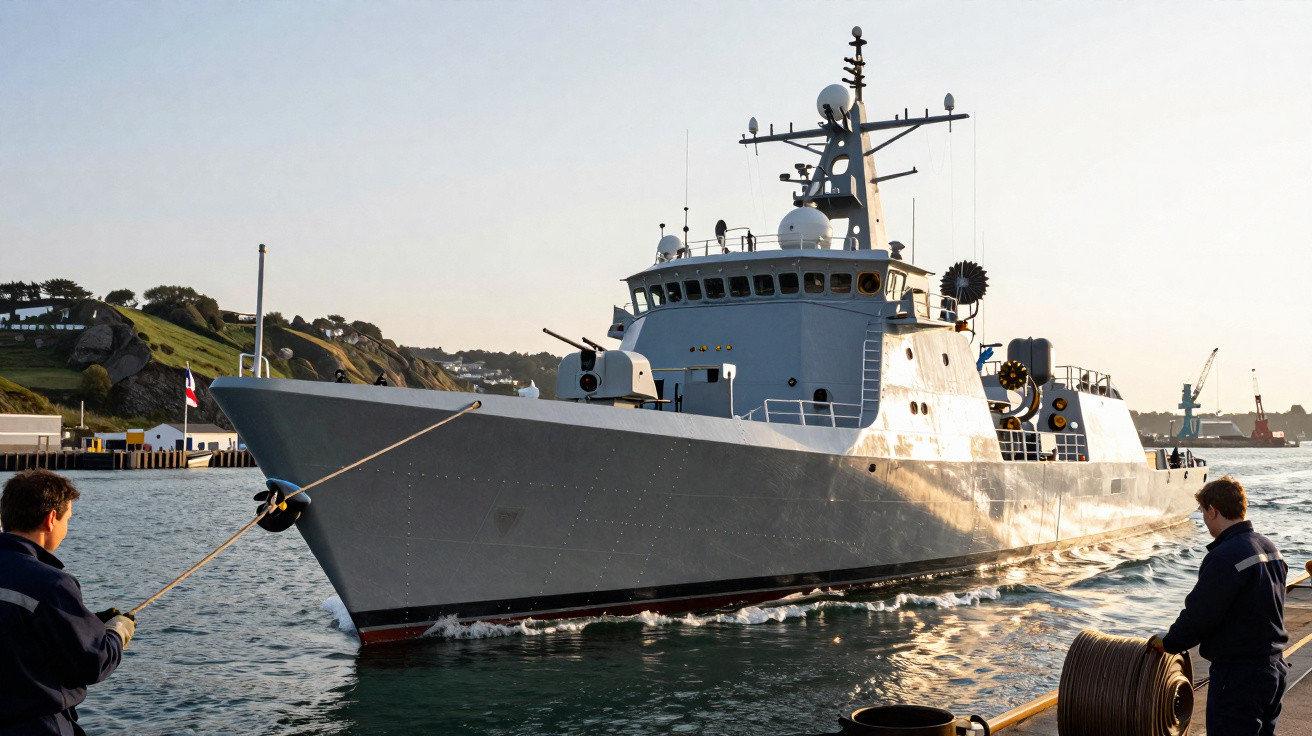 Navio militar cinza ancorando no porto ao entardecer com duas pessoas na doca.