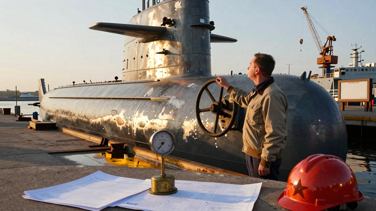 Homem inspecionando submarino no cais ao pôr do sol com capacete vermelho e plantas baixas na mesa.
