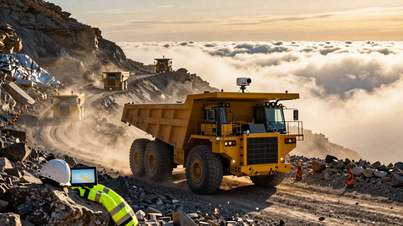 Caminhões de mineração amarelos em estrada de terra na encosta de montanha acima das nuvens ao amanhecer.