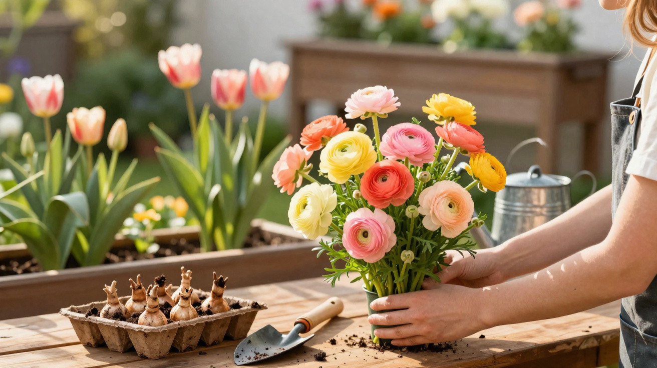 Pessoa segurando vaso com flores coloridas em mesa de madeira em jardim com tulipas e regador.