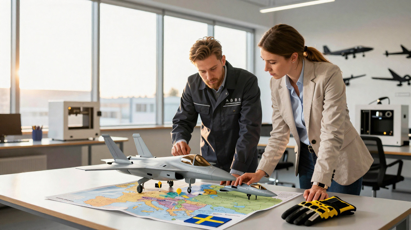 Dois engenheiros analisam maquetes de aviões sobre uma mesa com mapa da Europa em escritório moderno.