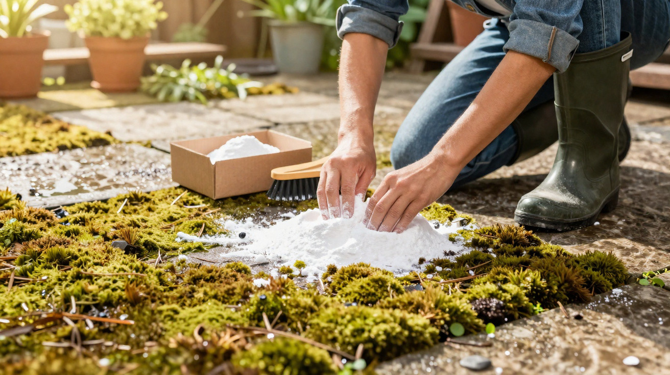 Pessoa aplicando bicarbonato de sódio para limpar musgo em pedras de jardim com plantas ao fundo.