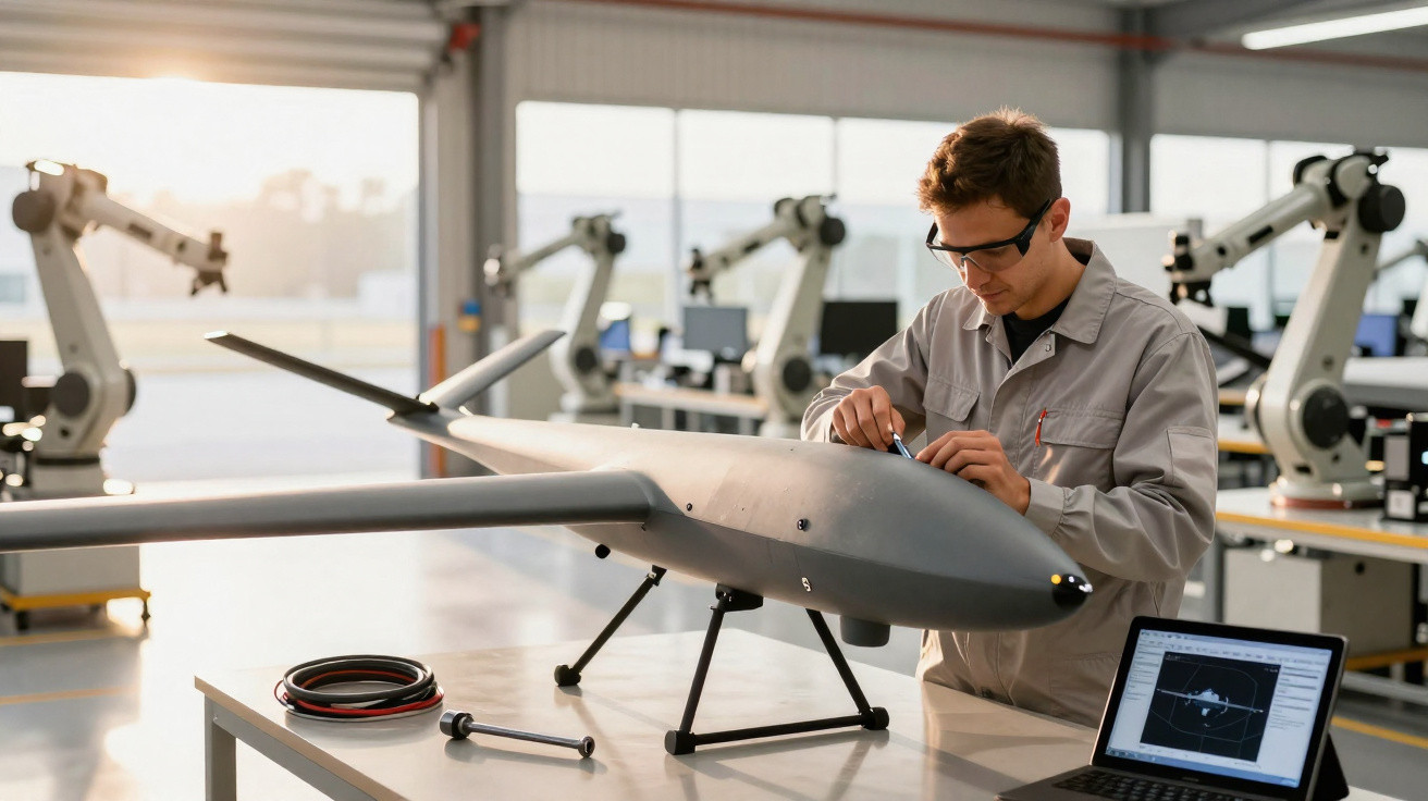 Engenheiro trabalhando na montagem de drone em laboratório tecnológico com computadores e robôs industriais.