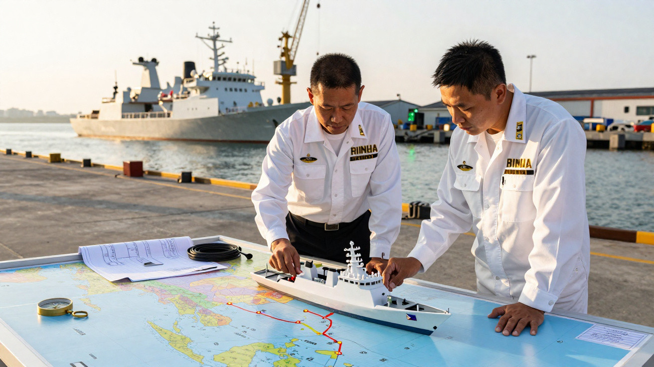 Dois homens em uniforme branco analisam maquete de navio militar sobre mapa náutico em cais com navio ao fundo.