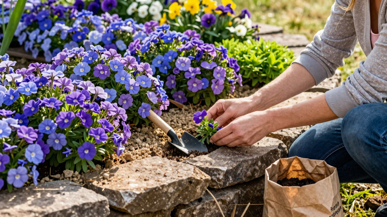 Pessoa plantando flores roxas em canteiro de pedra em um jardim ensolarado.