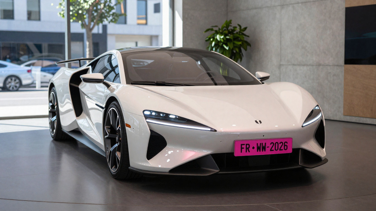 Carro esportivo branco moderno com design aerodinâmico em showroom com placa rosa frontal.