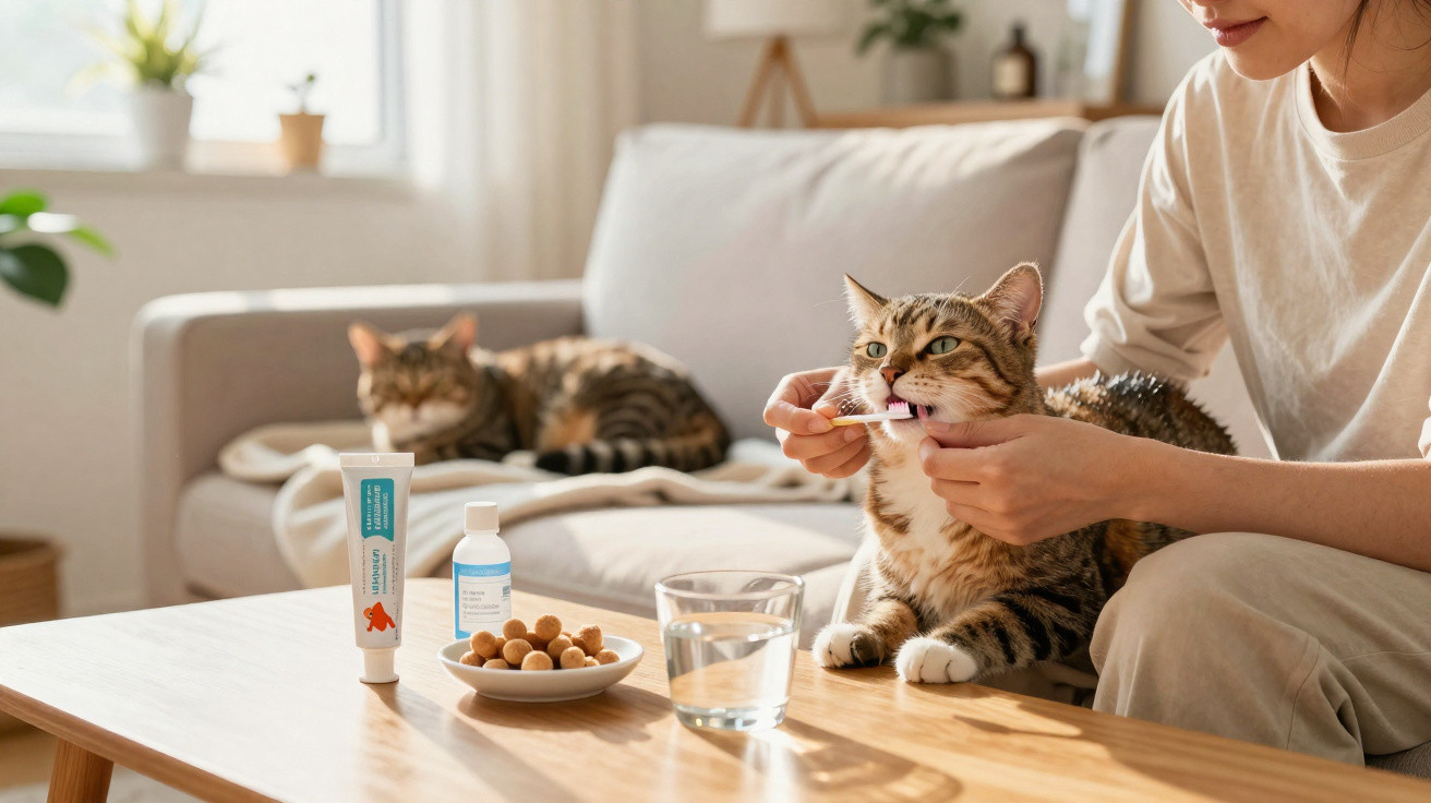 Pessoa escova os dentes de um gato em sala com outro gato descansando no sofá ao fundo.