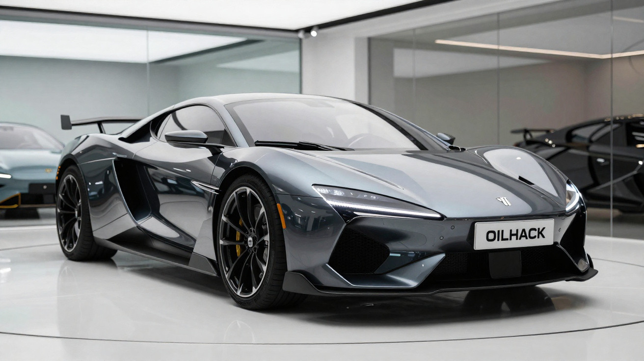Carro esportivo cinza metálico exibido em showroom moderno com paredes espelhadas e iluminação branca.
