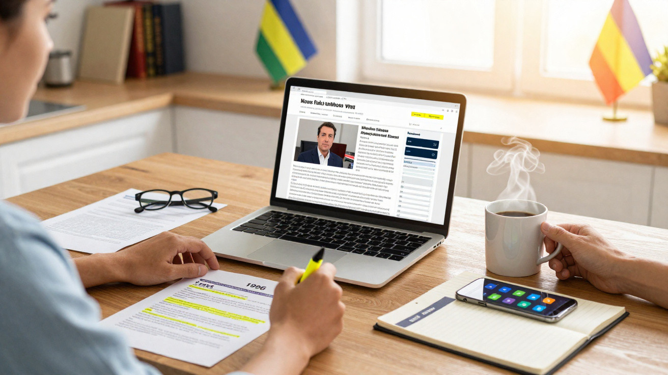 Pessoa destacando texto em documento com laptop aberto em site de notícias e café ao lado na mesa de madeira.