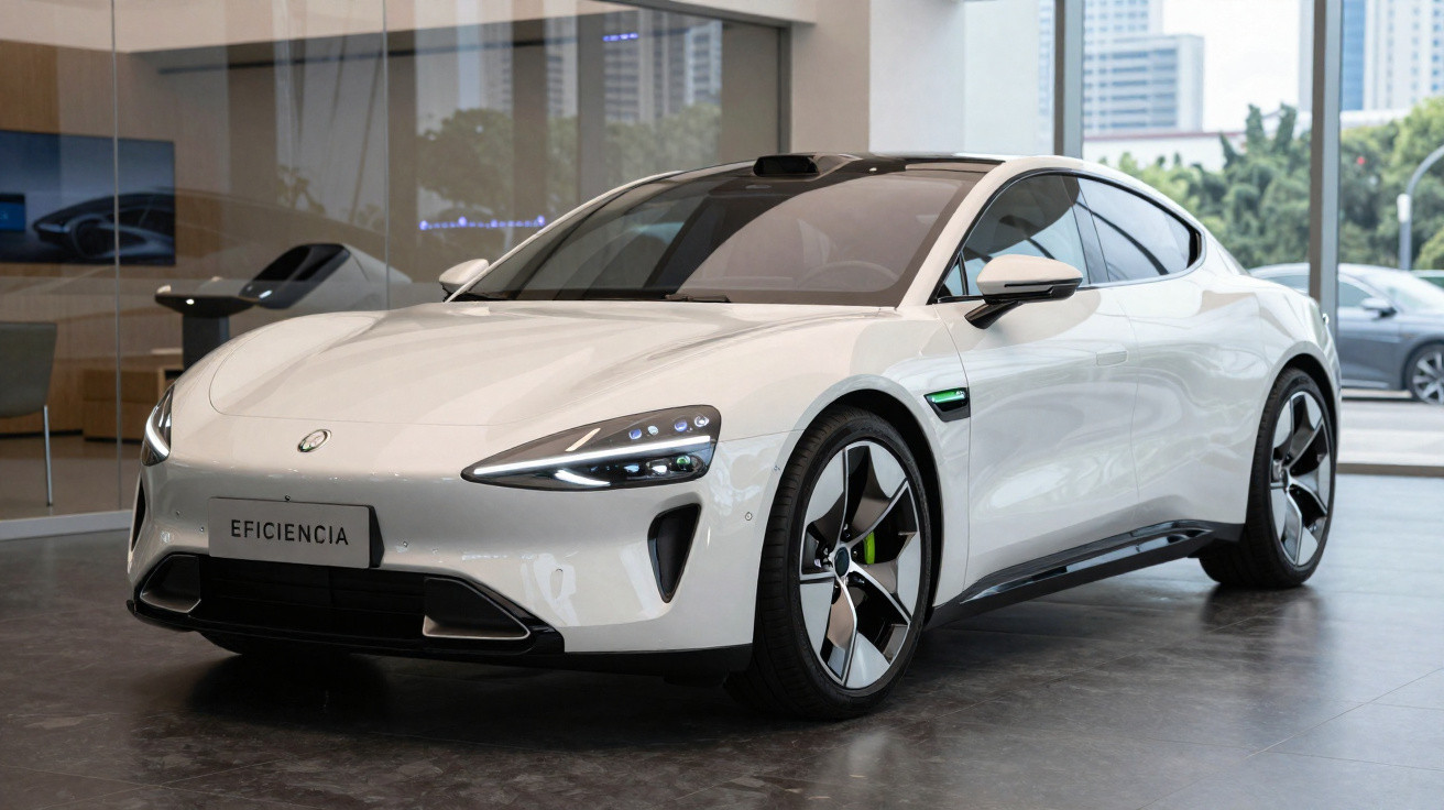 Carro esportivo elétrico branco estacionado em showroom moderno com placa escrita "Eficiência".