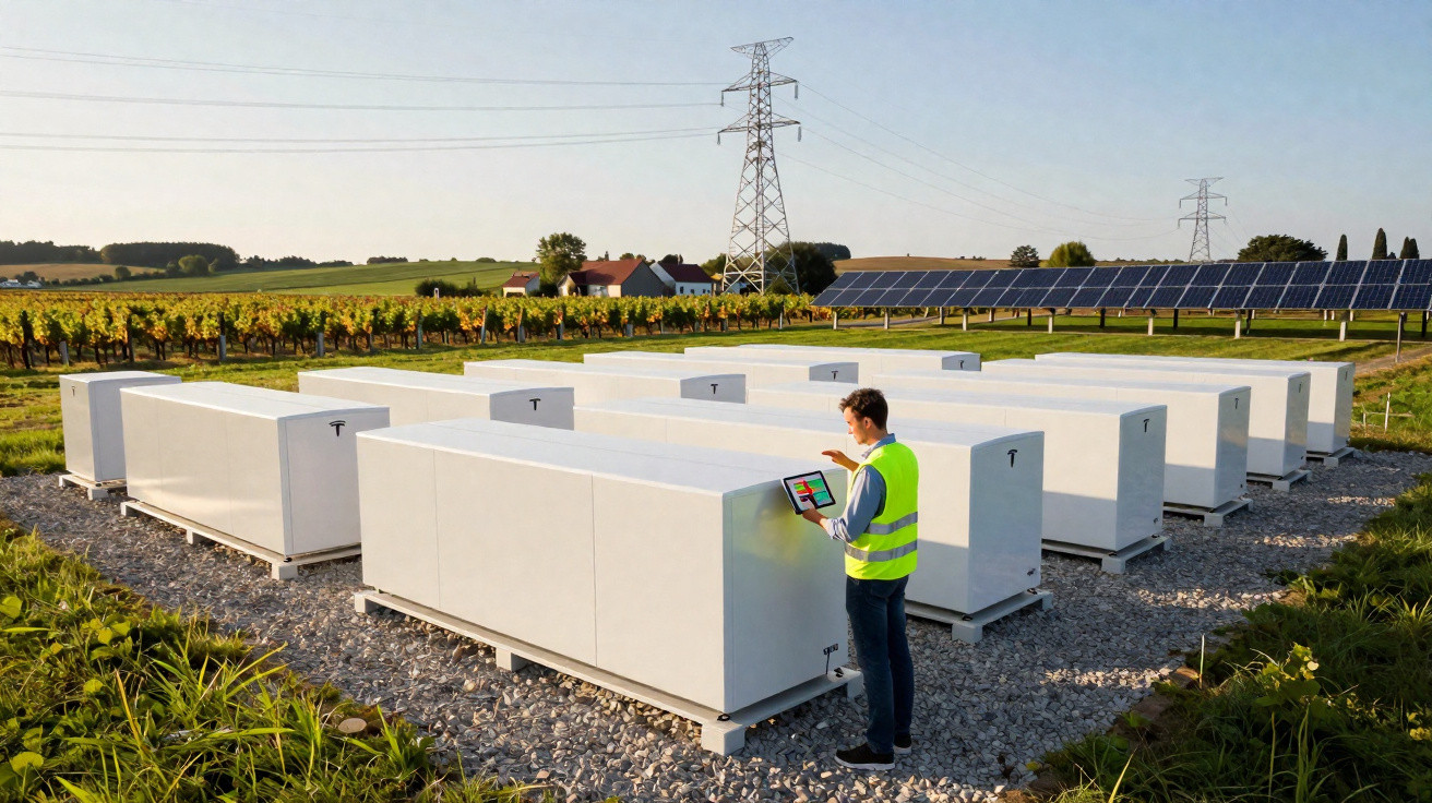 Homem com colete refletivo verifica baterias Tesla em campo com painéis solares e torres de energia ao fundo.