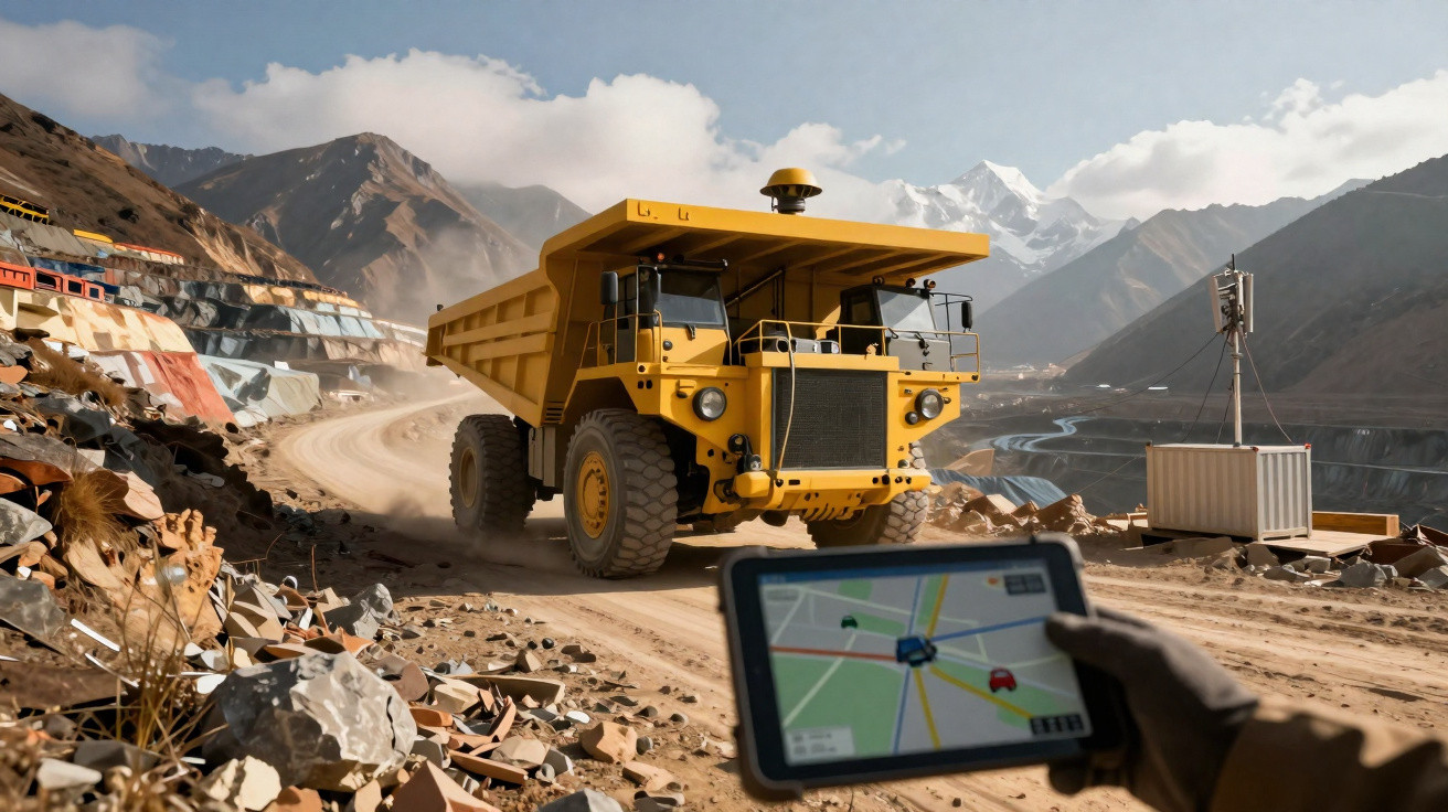 Caminhão de mineração amarelo em estrada de terra, montanhas ao fundo e mão segurando tablet com GPS.