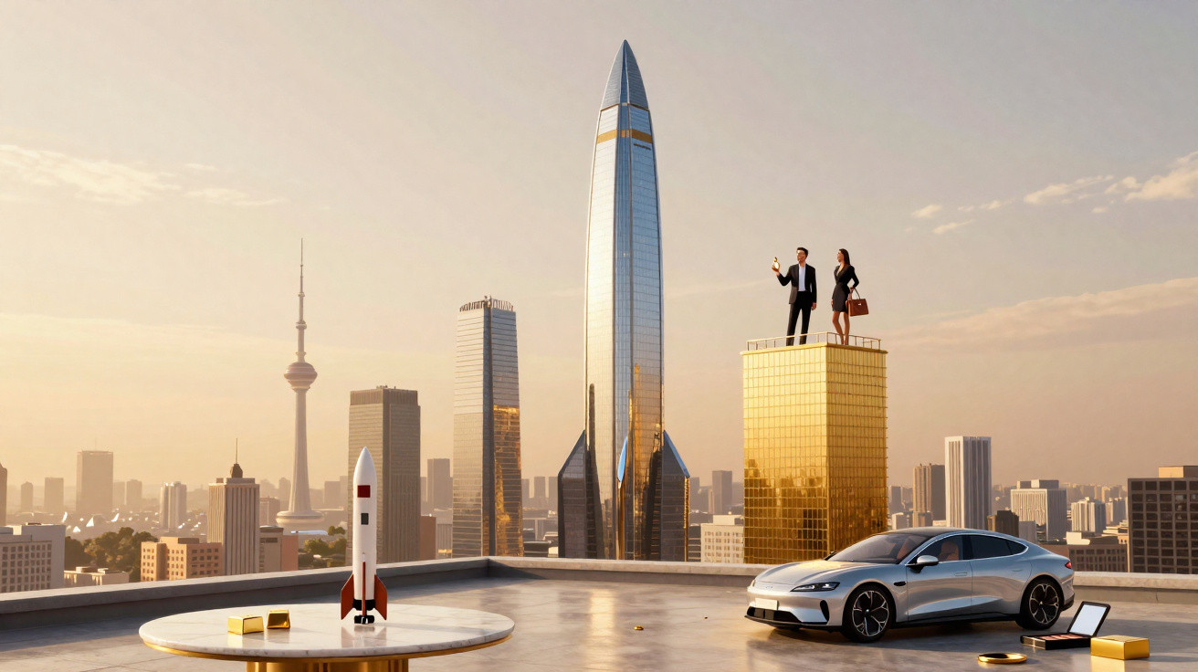 Dois executivos em prédio dourado ao pôr do sol com carro moderno, laptop aberto e foguete em miniatura na mesa.