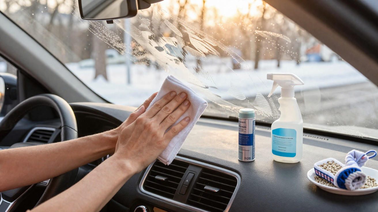 Pessoa limpando o para-brisa interno de um carro com pano branco e produtos de limpeza no painel.