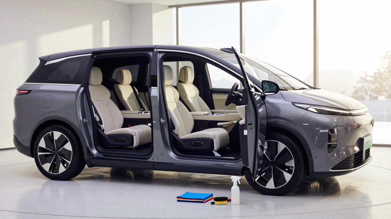 Carro elétrico cinza com portas abertas e interior bege exibido em ambiente iluminado e moderno.