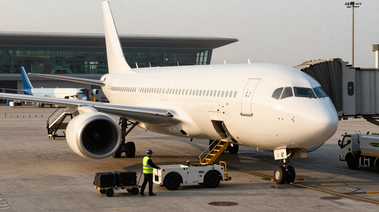 Avião branco estacionado no aeroporto com trabalhador e veículos de apoio ao redor.