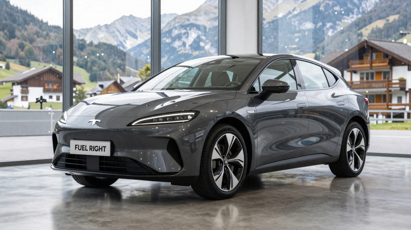 Carro elétrico cinza estacionado em showroom com grandes janelas e paisagem montanhosa ao fundo.