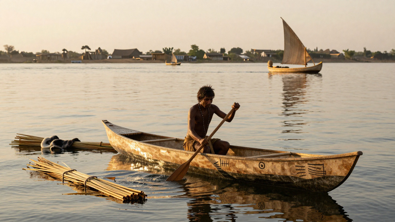 Homem remando canoa de madeira em rio calmo com barco à vela e vila ao fundo durante entardecer.