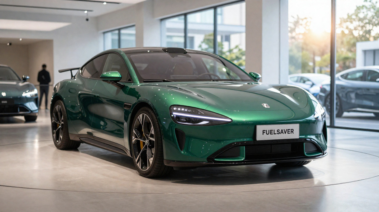 Carro elétrico verde metálico modelo Fuelsaver exposto em showroom moderno com vidros grandes.